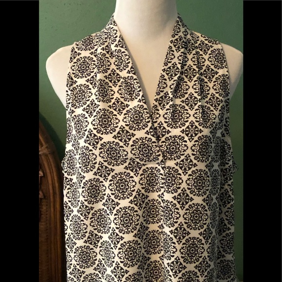 White & Black Scroll Print Long Length Sleeveless Blouse - Picture 1 of 7
